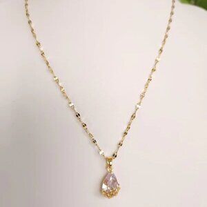 18k Gold Plated Stainless Steel Lip Chain, Teardrop Simulated Diamond, Floral